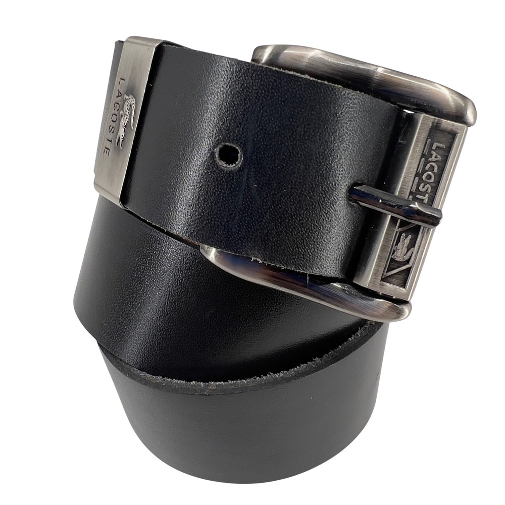 Lacoste Mens 32 Leather Belt Black Wide Roller Buckle Croc Logo Keeper Preppy